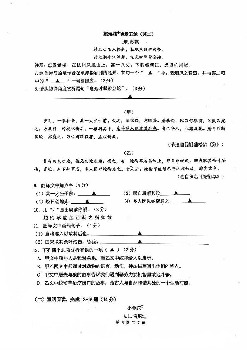 江苏省南京市玄武区2024—2025学年七年级上学期期末考试语文试题第3页