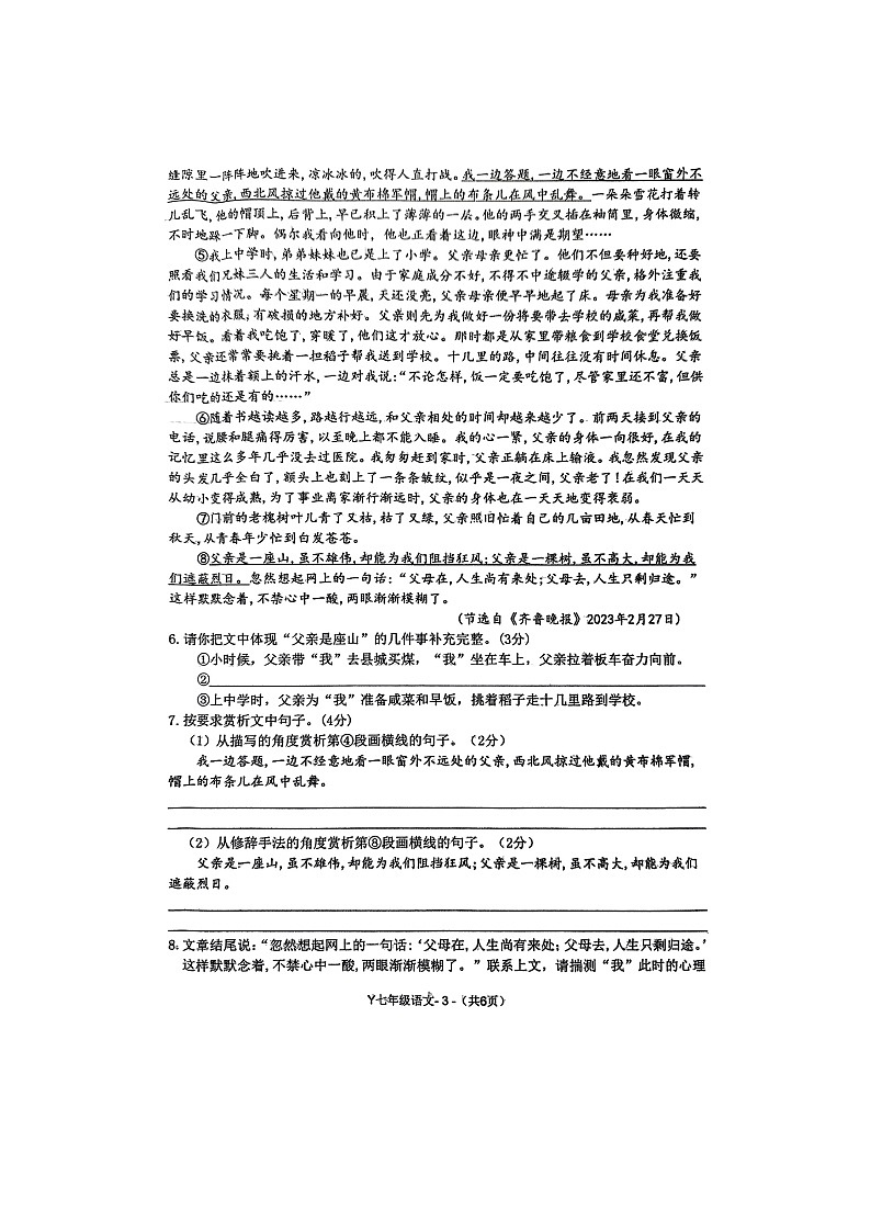 河南省驻马店市泌阳县2024-2025学年七年级上学期1月期末语文试题第3页