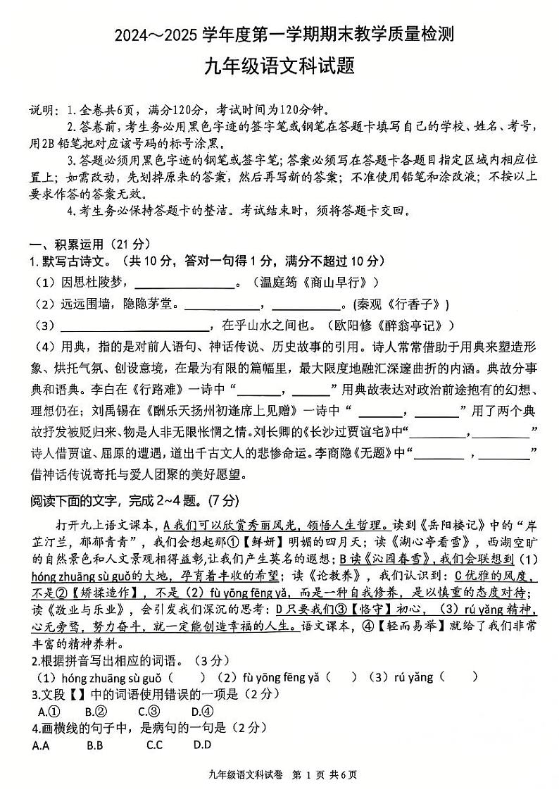 广东省清远市清新区2024-2025学年九年级上学期1月期末考试语文试题第1页