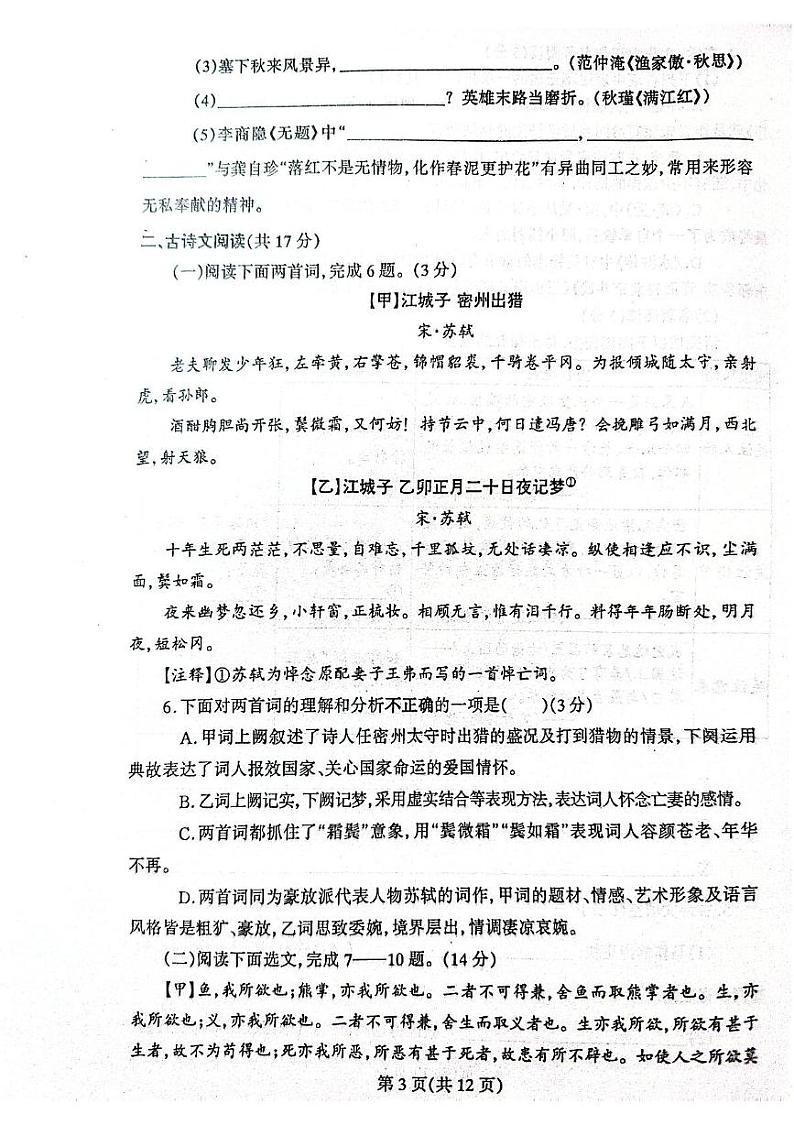 辽宁省丹东市凤城市2024-2025学年九年级上学期1月期末考试语文试题第3页