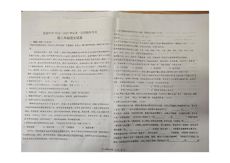 甘肃省嘉峪关市实验中学2024-2025学年八年级上学期1月期末考试语文试题第1页