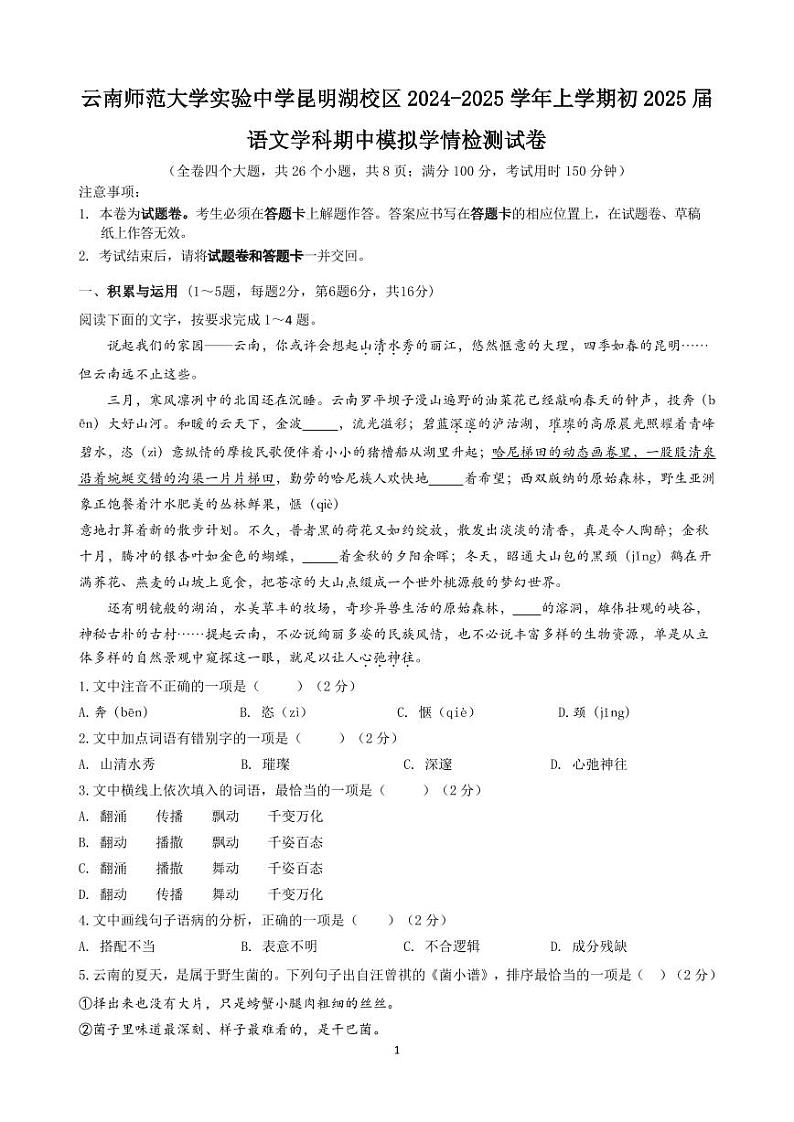 云南师范大学实验中学昆明湖校区2024-2025学年上学期九年级期末模拟学情检测 语文试卷第1页