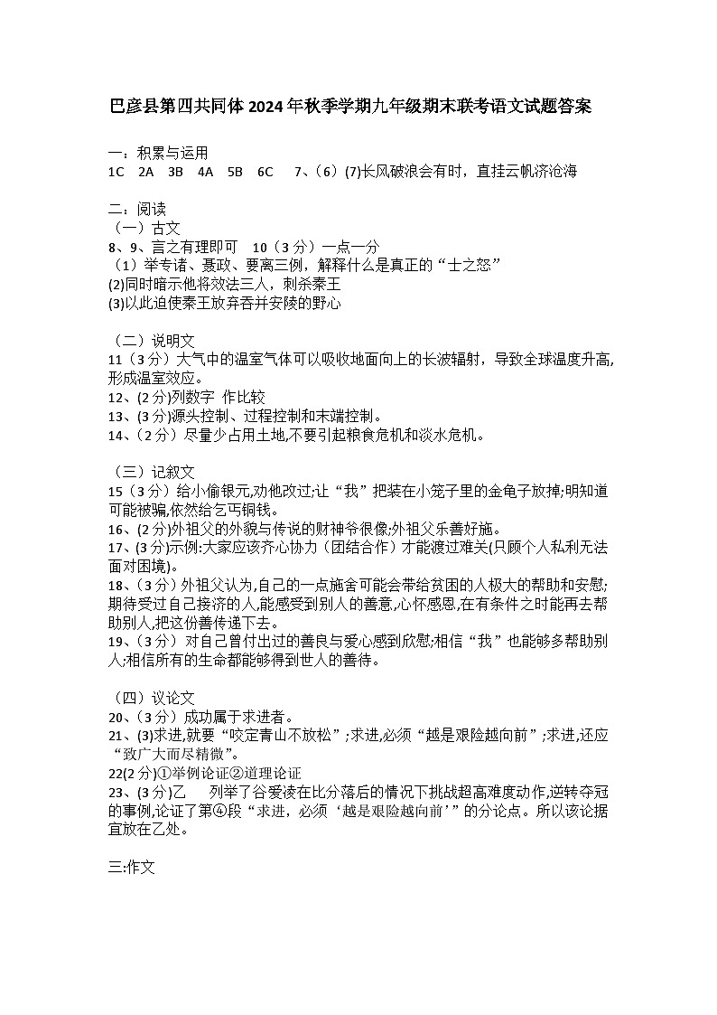 黑龙江省哈尔滨市巴彦县第四教学共同体2024-2025学年九年级上学期1月期末语文试题第1页