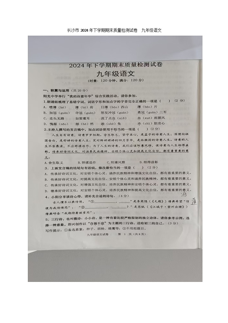 湖南省长沙市浏阳市2024-2025学年九年级上学期1月期末语文试题第1页