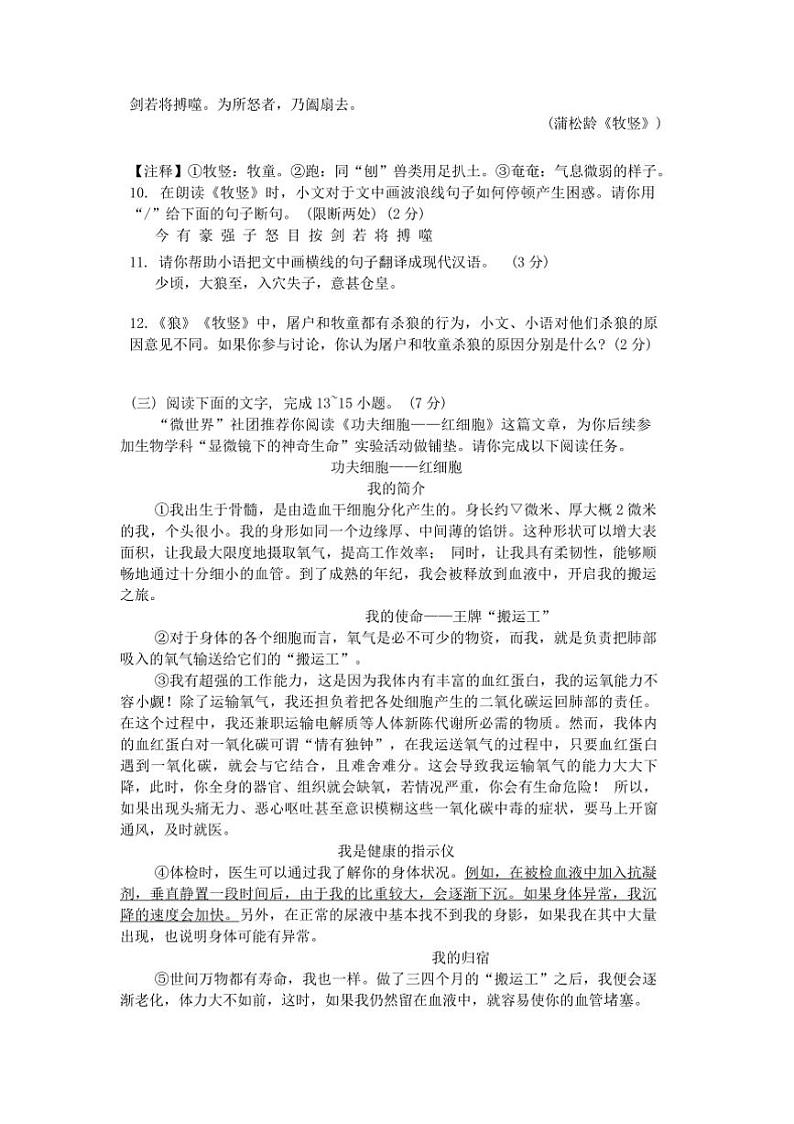 2024～2025学年吉林省长春市东北师范大学附属中学七年级上语文期末试卷(含答案)第3页