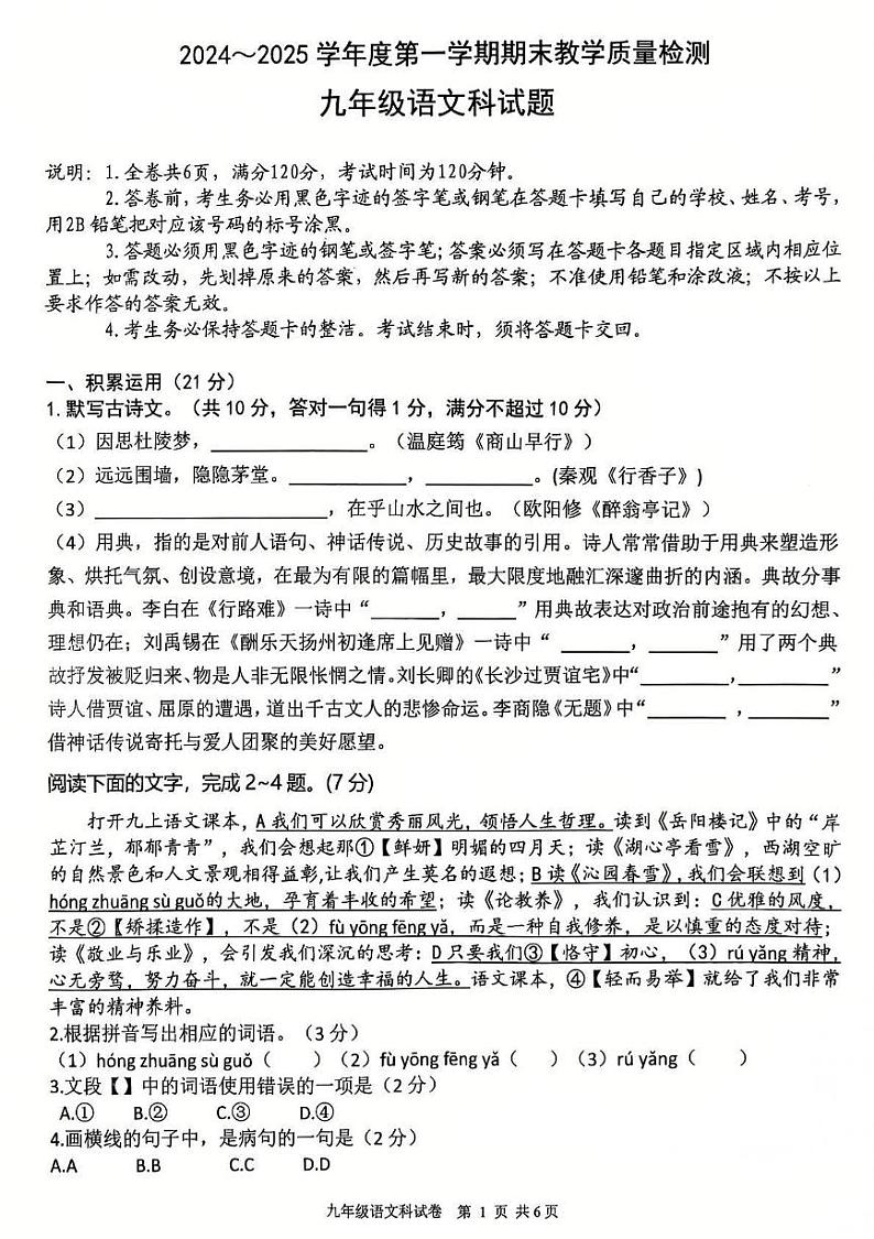 广东省清远市清新区2024-2025学年九年级上学期1月期末考试语文试题第1页