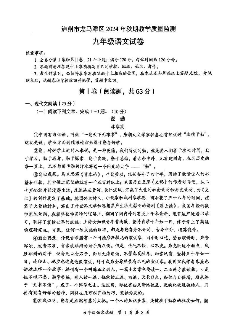 四川省泸州市龙马潭区2024-2025学年九年级上学期期末语文试卷第1页
