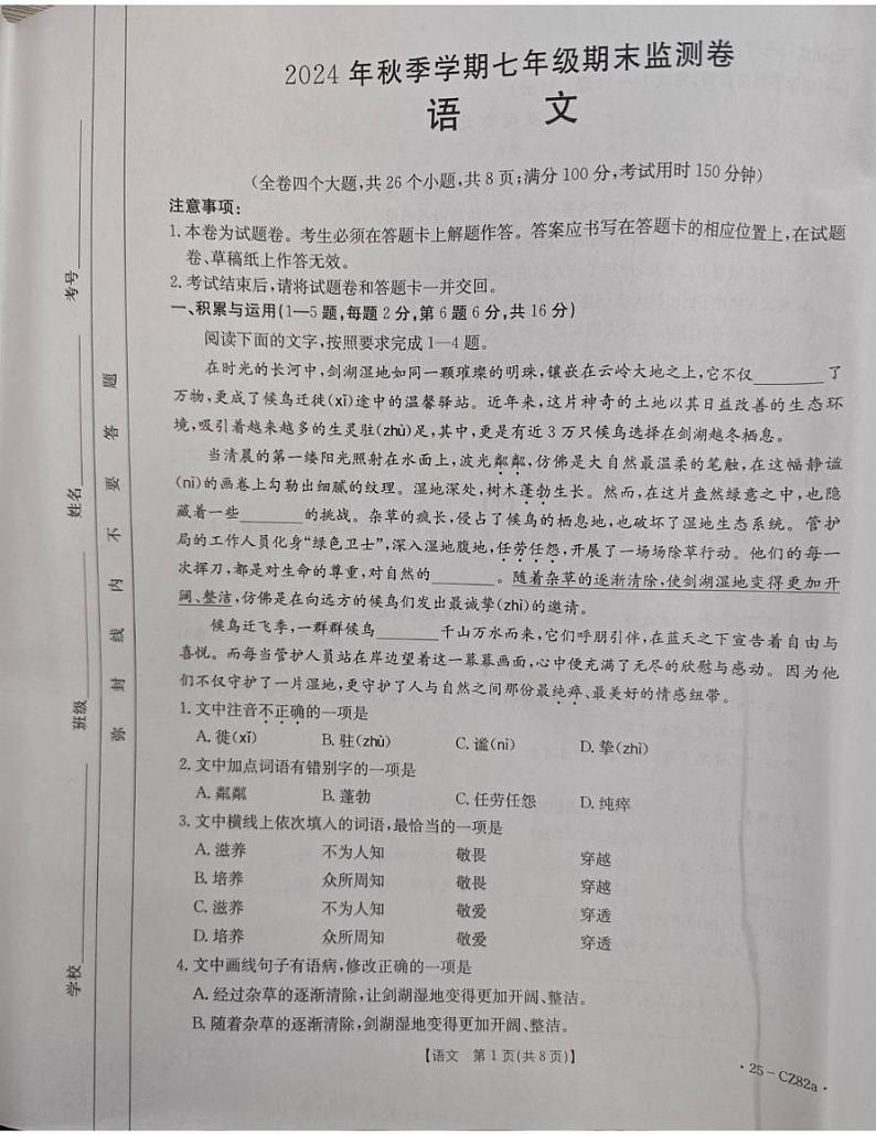 云南省昭通市巧家县2024-2025学年七年级上学期期末监测卷语文试卷第1页