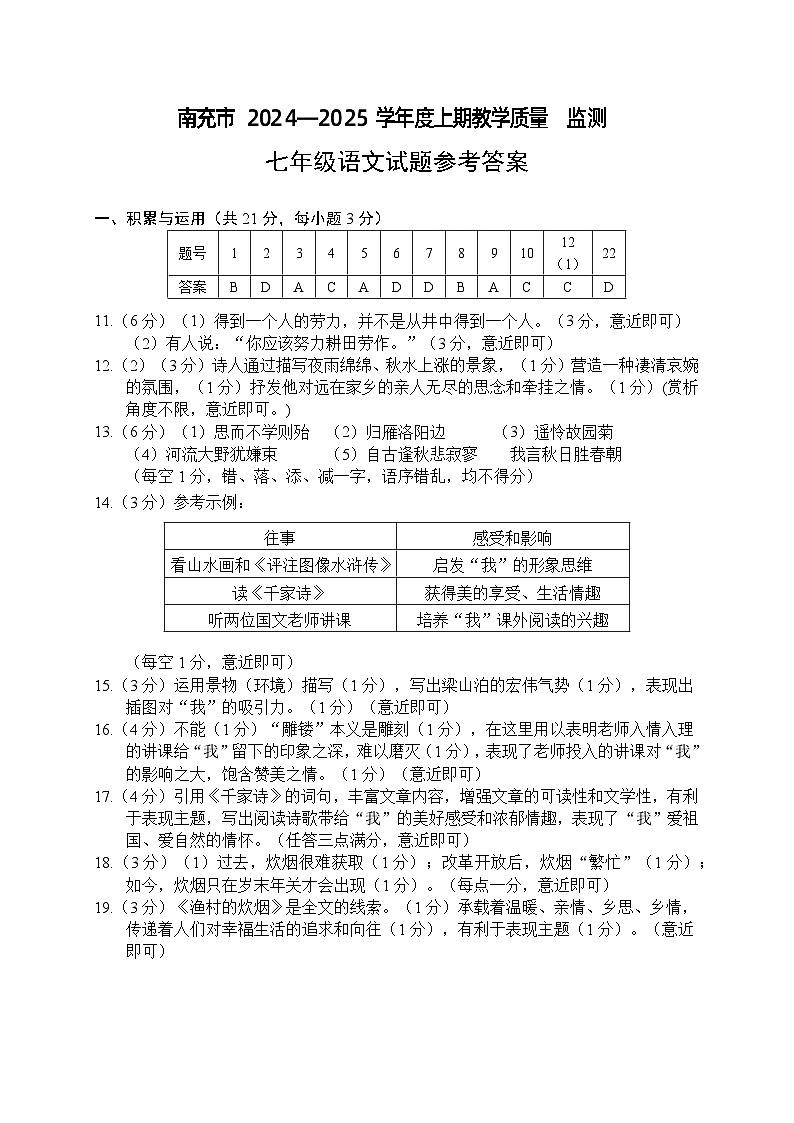 南充市2024—2025学年度上期教学质量监测七年级语文答案第1页