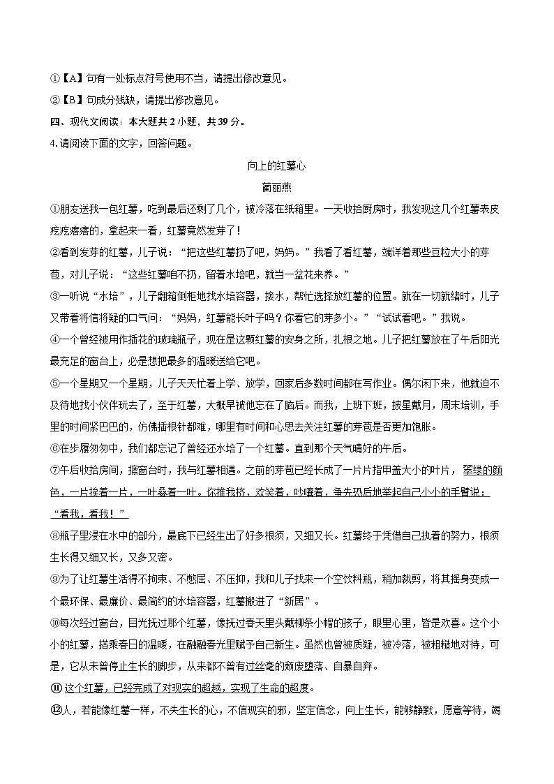 2023-2024学年安徽省阜阳市界首市七年级（下）期末语文试卷（含详细答案解析）第3页