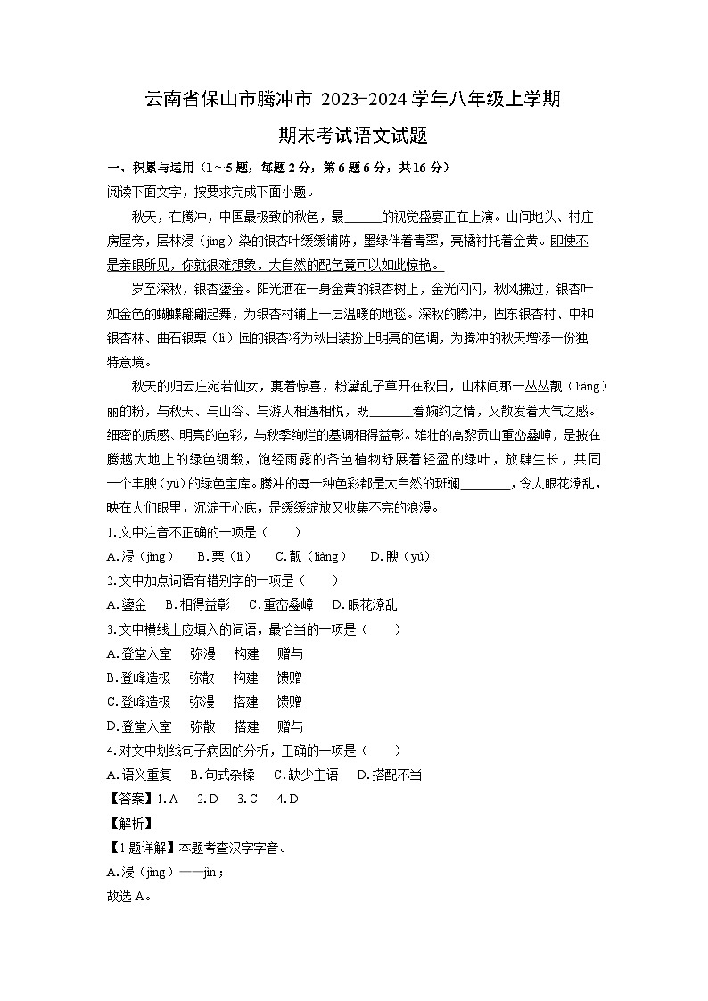 2023~2024学年云南省保山市腾冲市八年级上期末考试语文试卷（解析版）第1页