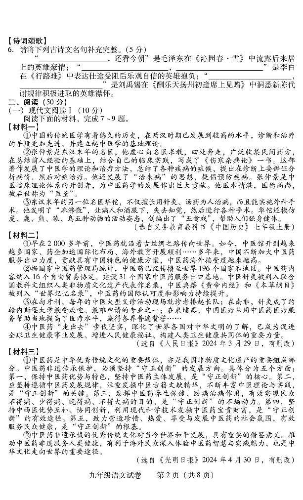 湖南省衡阳市常宁市2024-2025学年九年级上学期1月期末语文试题第2页