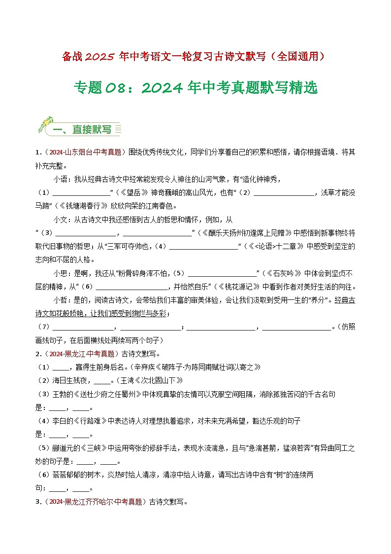 【备战2025】 初中语文 中考一轮复习必备古诗文默写 专项08 真题汇编 （原卷版）第1页