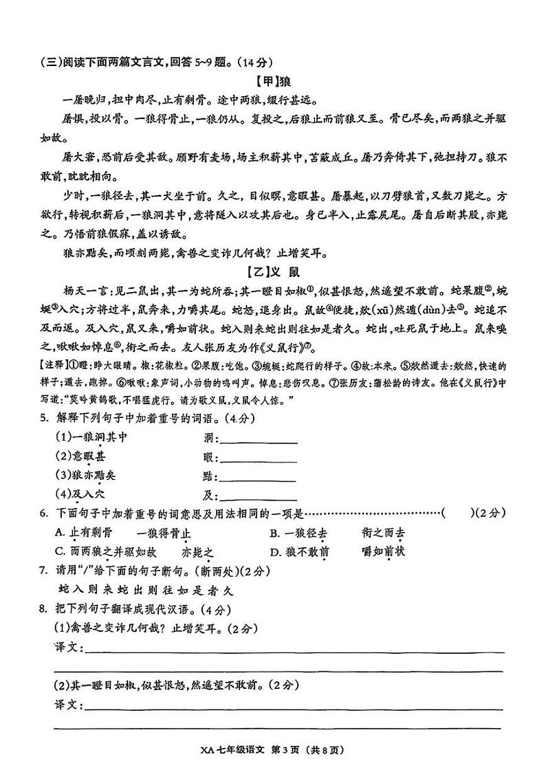 河北省雄安新区2024-2025学年七年级上学期期末考试语文试题第3页