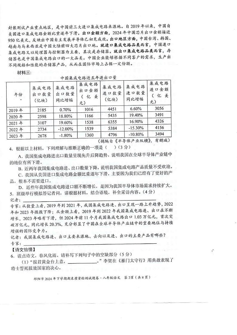 湖南省永州市祁阳市2024-2025学年八年级上学期期末质量检测语文试卷第2页