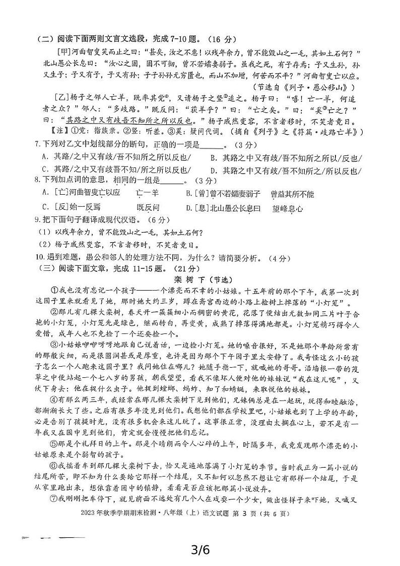 福建省泉州市惠安县2023—2024学年八年级上学期期期末教学质量抽测语文试卷第3页