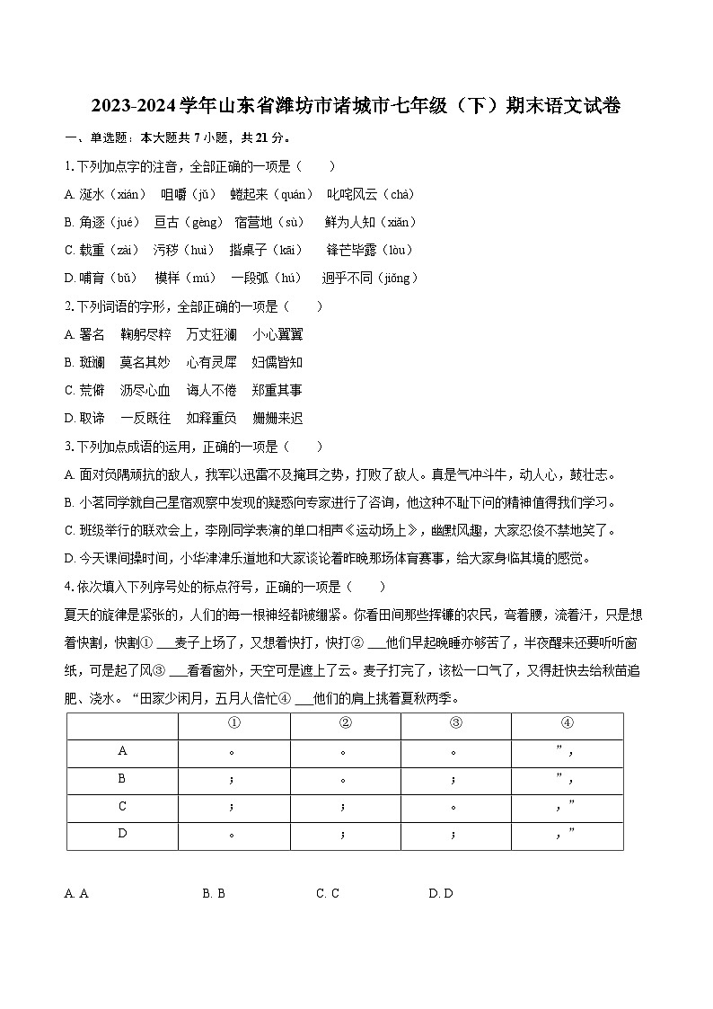 2023-2024学年山东省潍坊市诸城市七年级（下）期末语文试卷（含详细答案解析）第1页