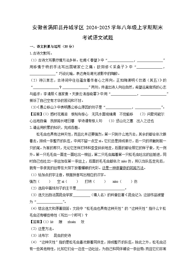 2024~2025学年安徽省涡阳县丹城学区八年级上学期期末考试语文试卷（解析版）第1页