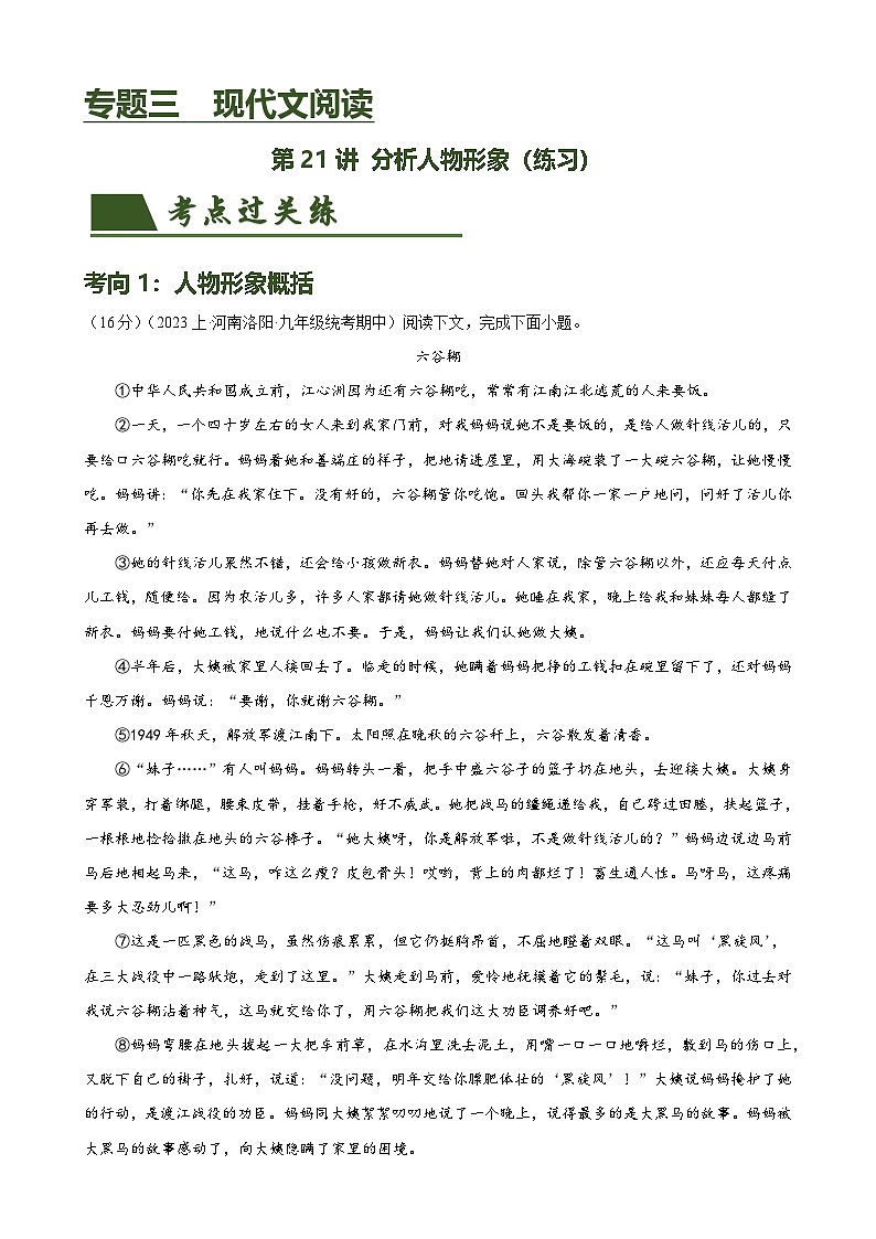 中考语文一轮复习第21讲 分析人物形象（练习）-2024年中考语文一轮复习讲练测（全国通用）（解析版）第1页