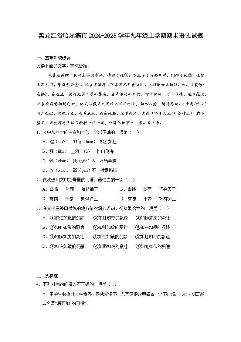黑龙江省哈尔滨市2024-2025学年九年级上学期期末语文试题第1页