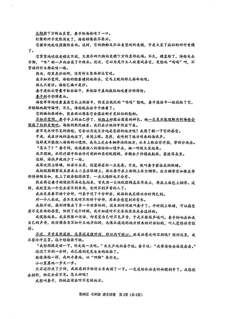 宁波市鄞州区2024-2025 学年第一学期初中期末考试七年级语文试卷和参考答案第3页