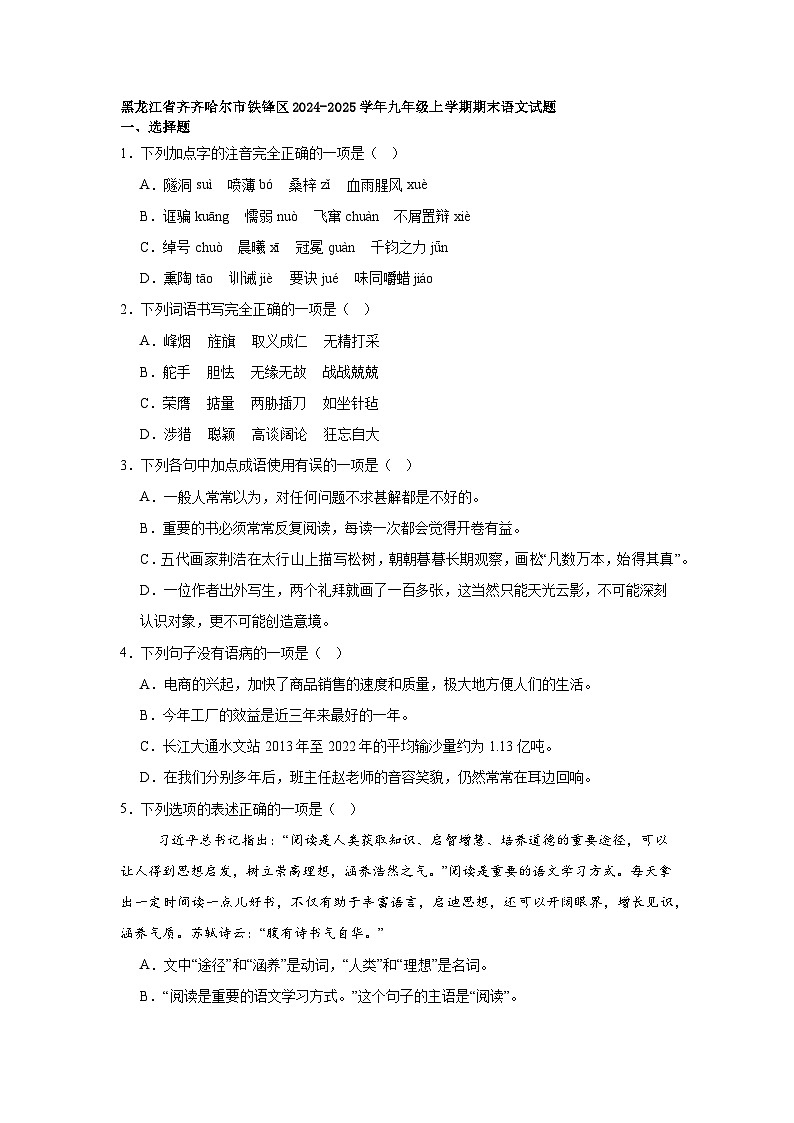 黑龙江省齐齐哈尔市铁锋区2024-2025学年九年级上学期期末语文试题第1页