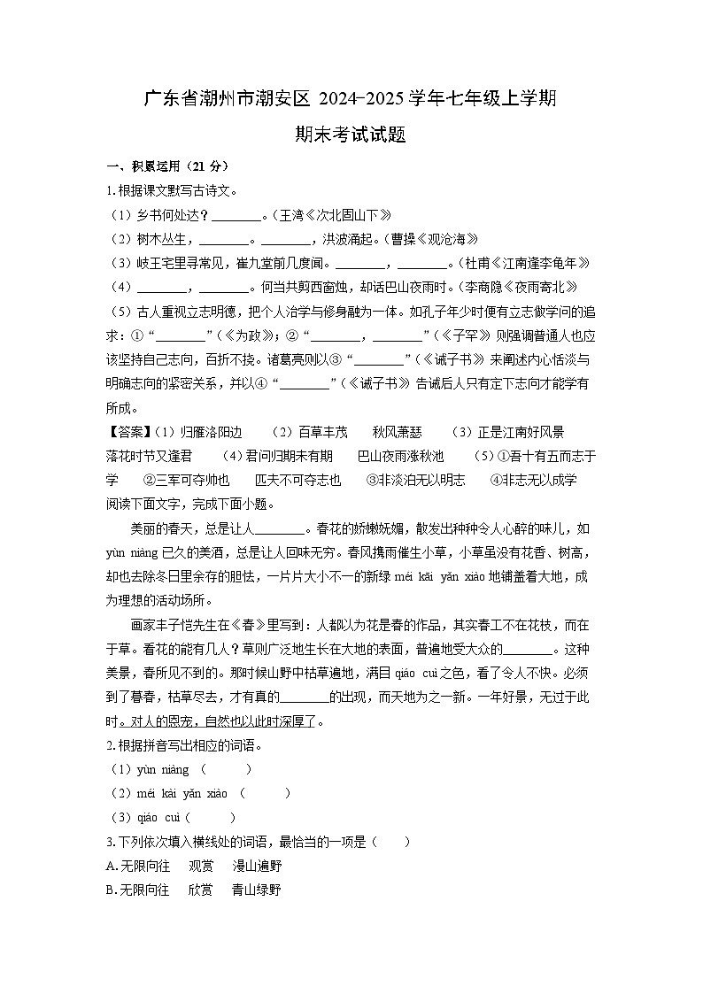 2024-2025学年广东省潮州市潮安区七年级上学期期末考试语文试卷第1页