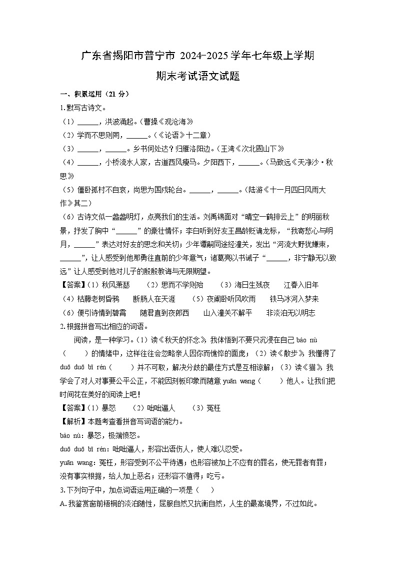 2024-2025学年广东省揭阳市普宁市七年级上学期期末考试语文试卷（解析版）第1页