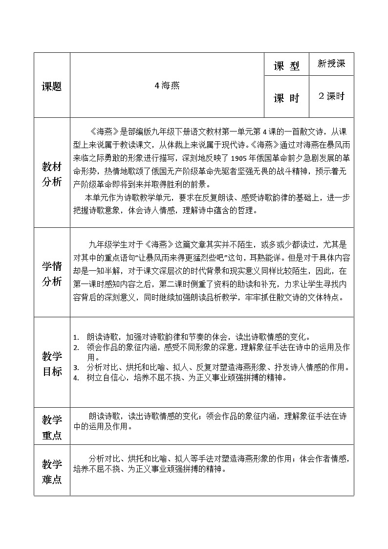 部编版2024九年级下册语文4.海燕 教案第1页