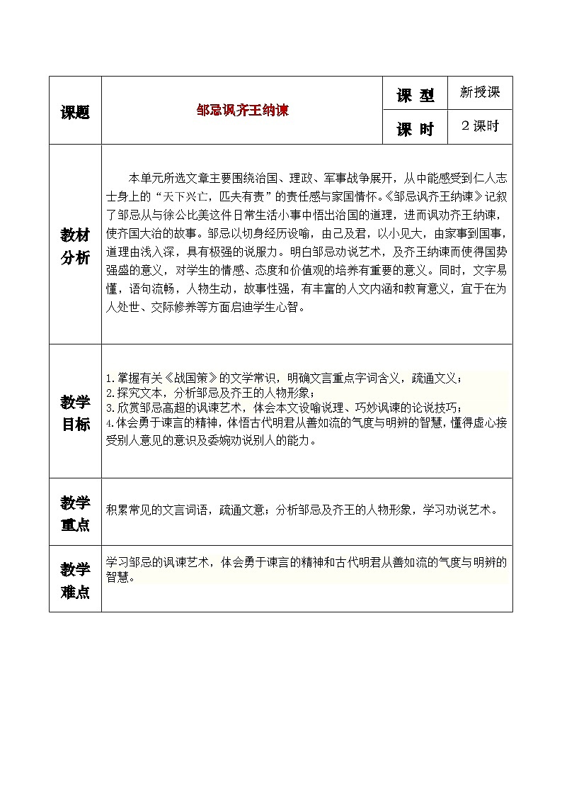 部编版2024九年级下册语文21.邹忌讽齐王纳谏  教案第1页