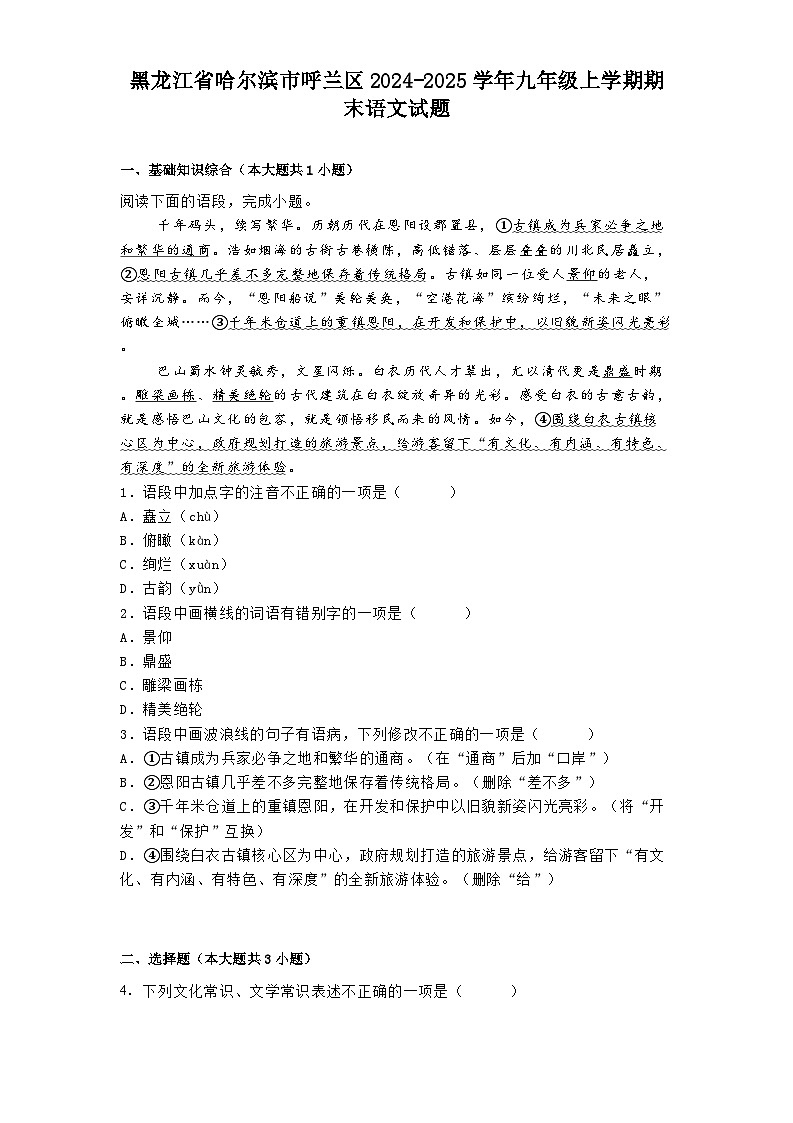 黑龙江省哈尔滨市呼兰区2024-2025学年九年级上学期期末语文试题第1页