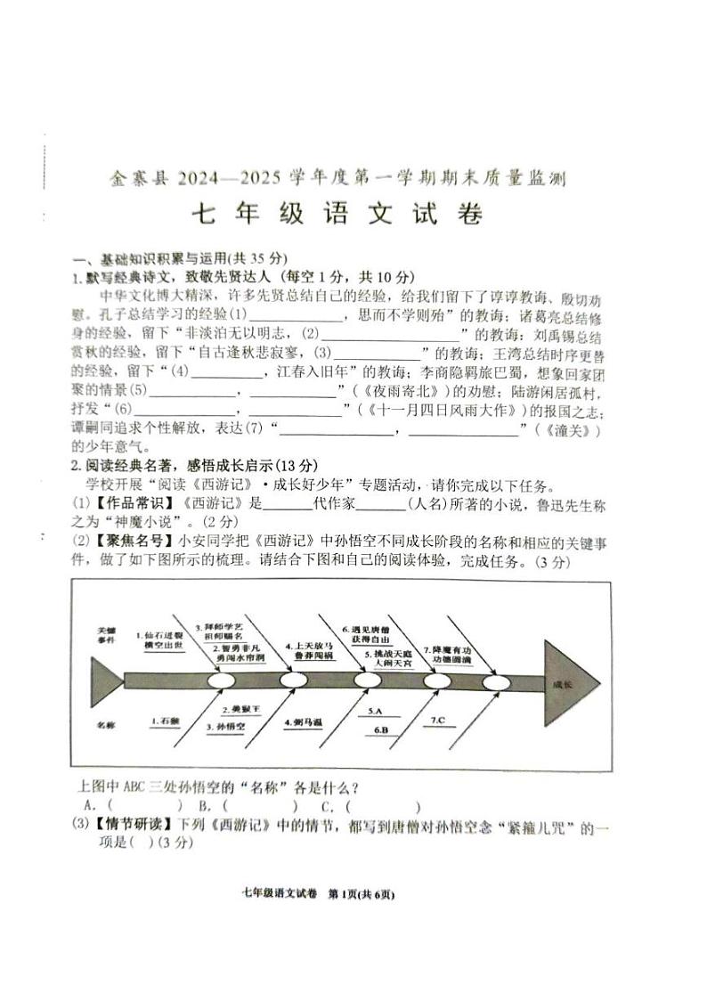 安徽省六安市金寨县2024-2025学年七年级上学期期末质量监测语文试卷第1页