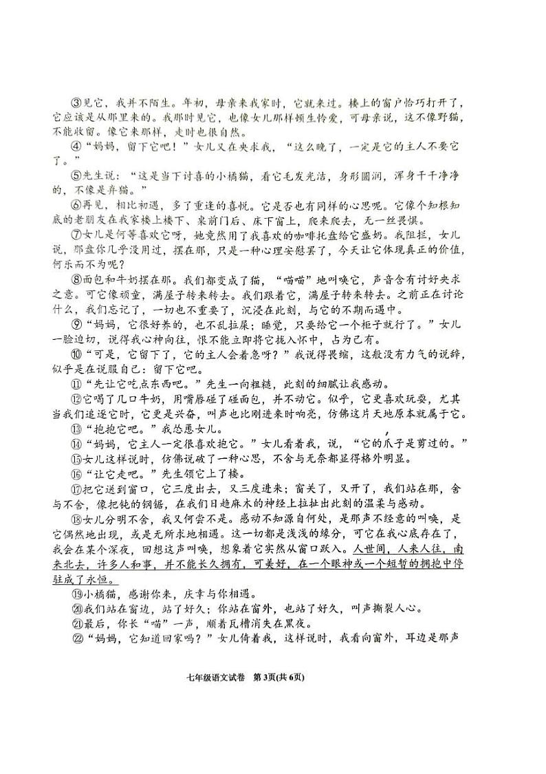 安徽省六安市金寨县2024-2025学年七年级上学期期末质量监测语文试卷第3页