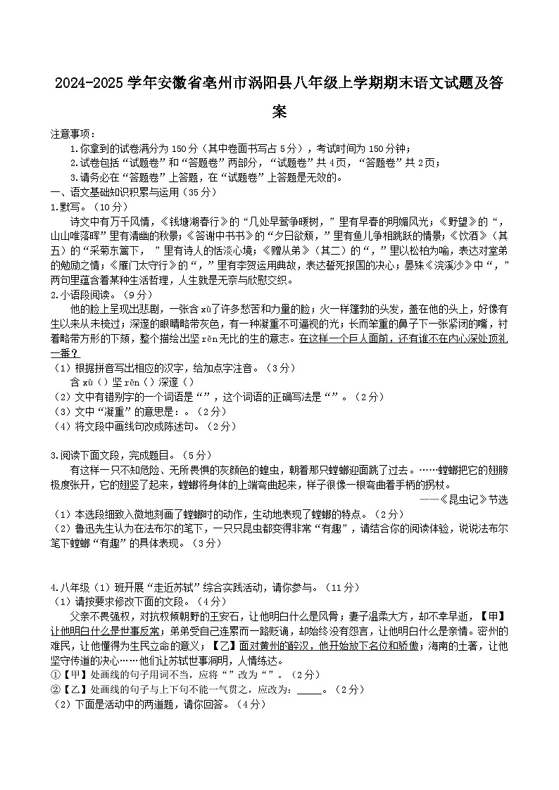 2024-2025学年安徽省亳州市涡阳县八年级上学期期末语文试题及答案第1页