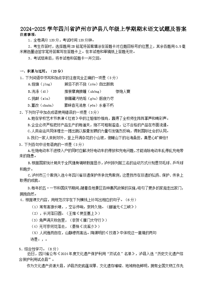 2024-2025学年四川省泸州市泸县八年级上学期期末语文试题及答案第1页