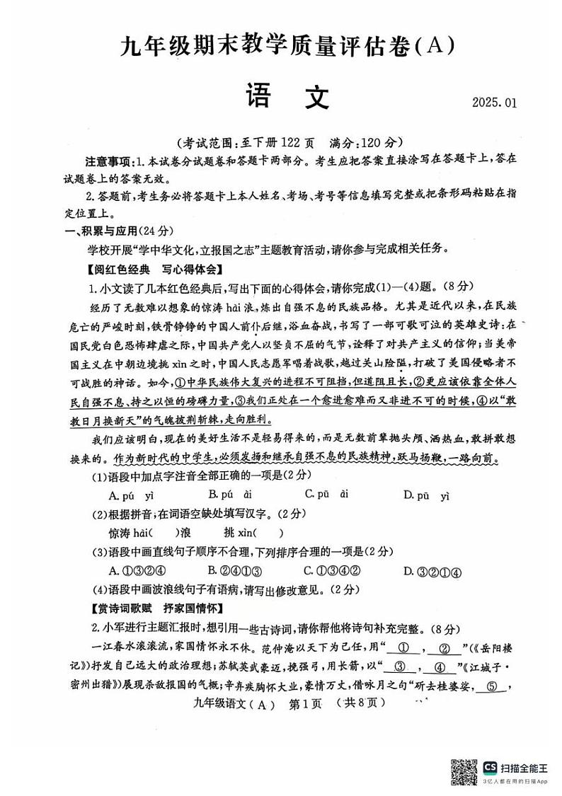 河南省林州市2024-2025学年九年级上学期期末考试语文试题A卷第1页