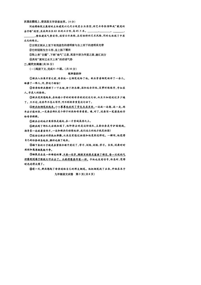 河南省信阳市潢川县2024-2025学年九年级上学期期末考试语文试题第3页