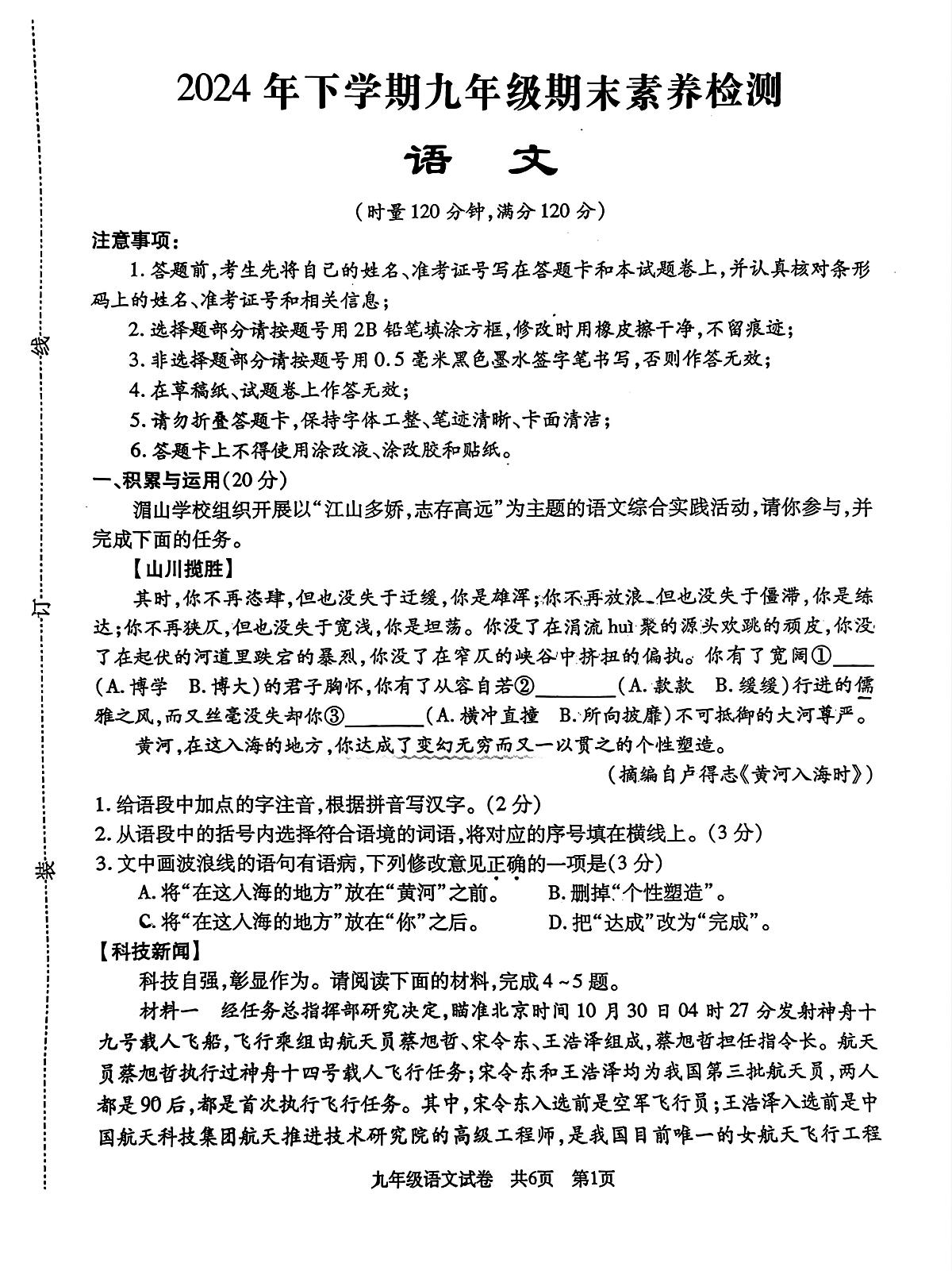 2025年湖南省娄底市中考一模语文试题第1页