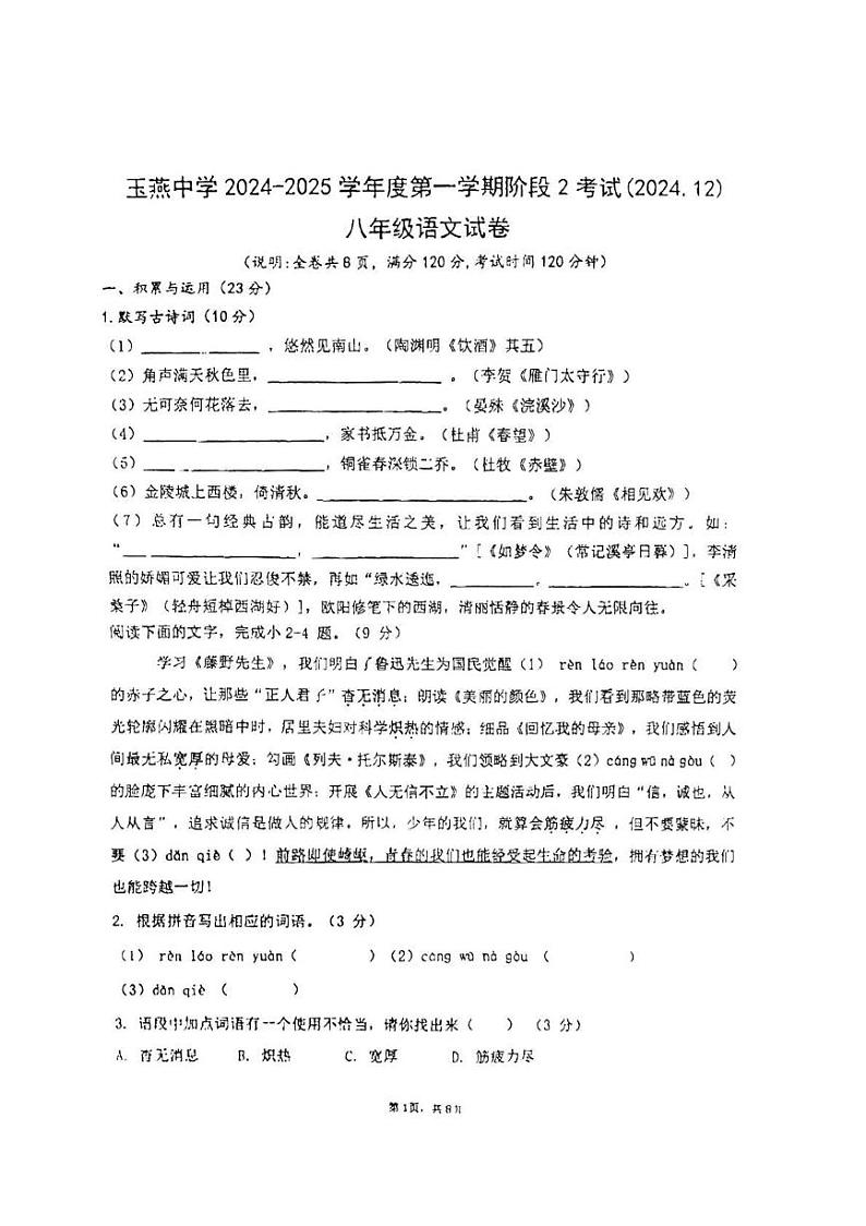 广东省汕尾市陆丰市玉燕中学2024-2025学年八年级上学期12月月考 语文试题第1页