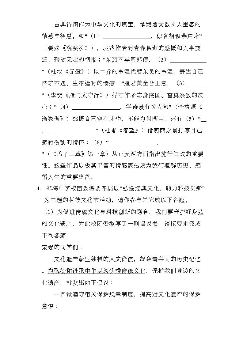 海南省文昌市2024-2025学年八年级（上）期末 语文试卷（含解析）第3页