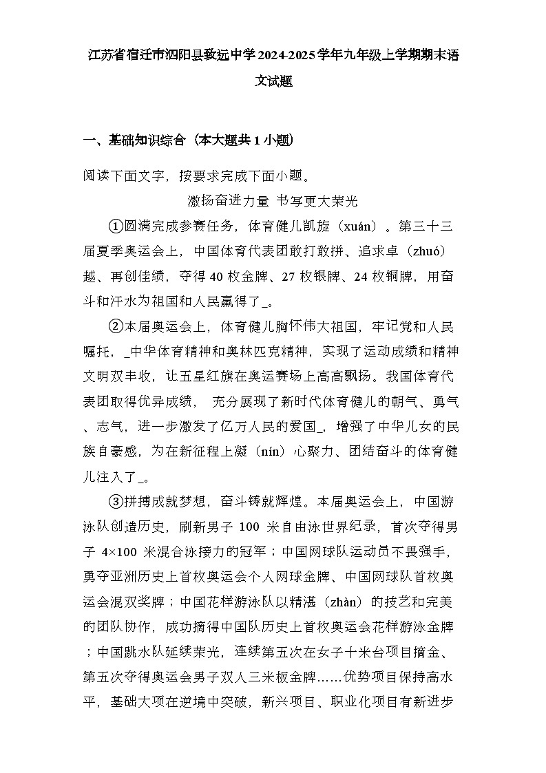 江苏省宿迁市泗阳县致远中学2024-2025学年九年级上学期期末 语文试题（含解析）第1页