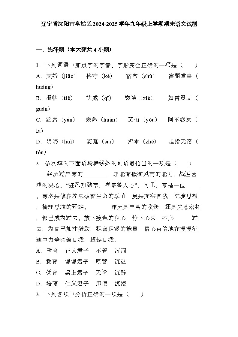 辽宁省沈阳市皇姑区2024-2025学年九年级上学期期末 语文试题（含解析）第1页