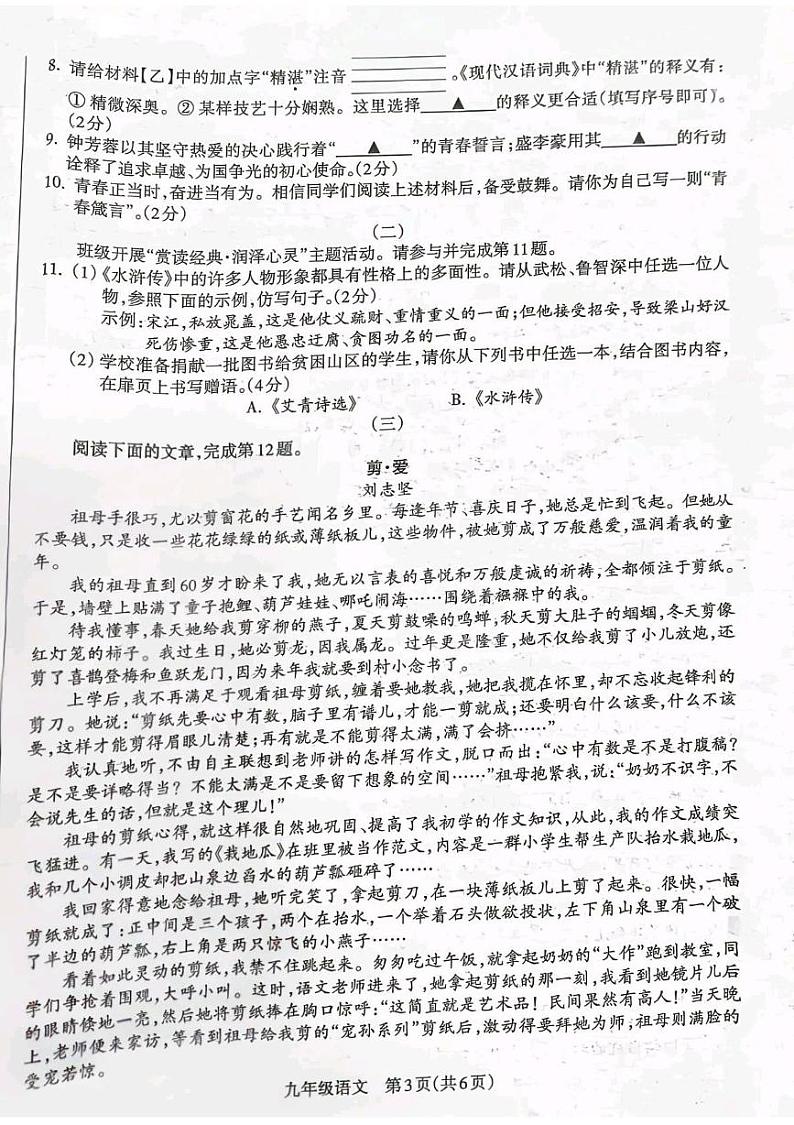 内蒙古赤峰二中学国际实验学校2024—2025学年九年级上学期期末考试 语文试题第3页