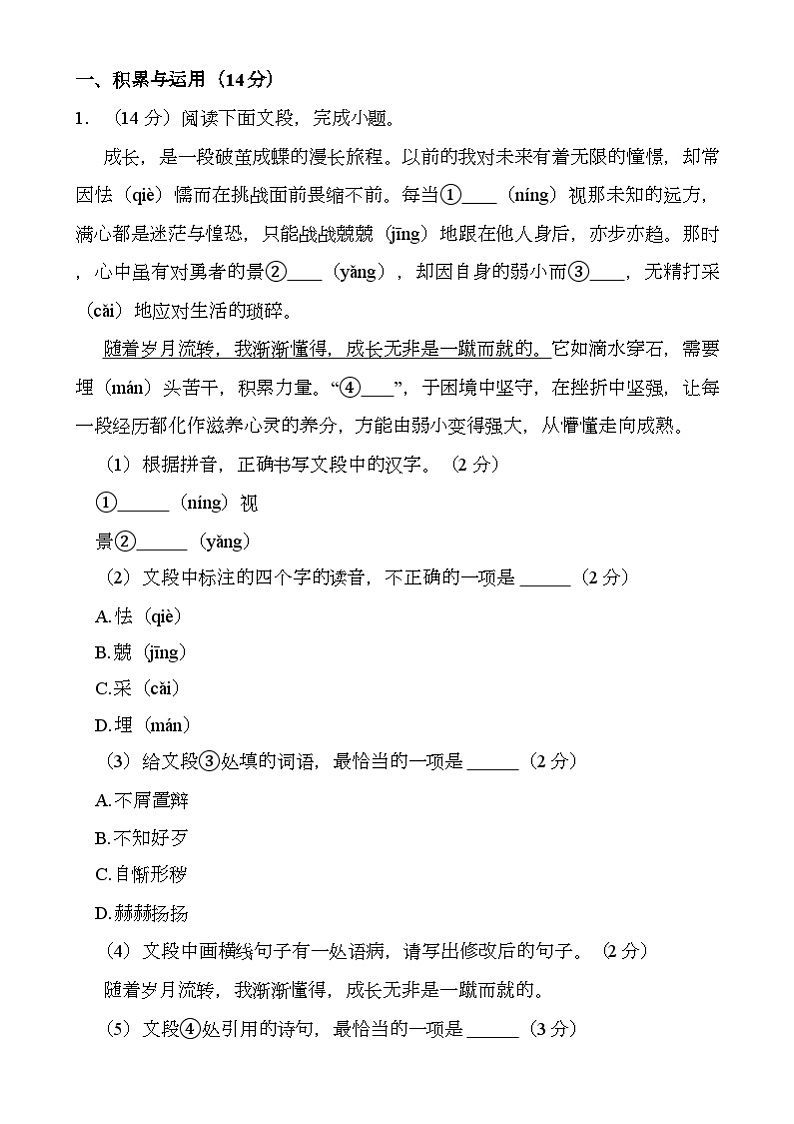 山东省青岛市城阳区2024-2025学年九年级上学期期末考试 语文试卷（含解析）第1页