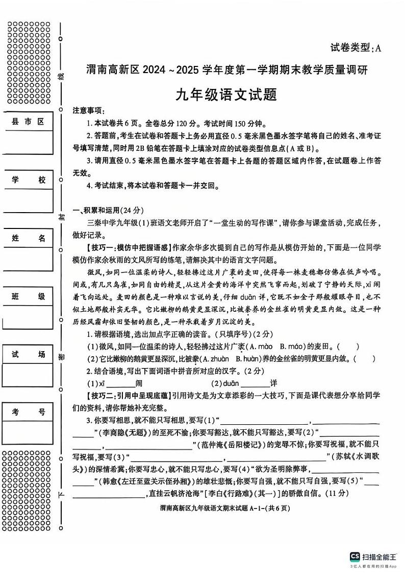 陕西省渭南市高新区2024-2025学年九年级上学期期末考试 语文试题第1页