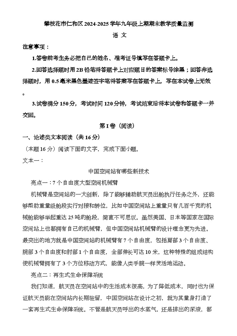 四川省攀枝花市仁和区2024-2025学年九年级上学期1月期末 语文试题第1页