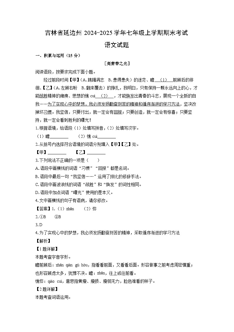 2024-2025学年吉林省延边州七年级上学期期末考试语文试卷（解析版）第1页
