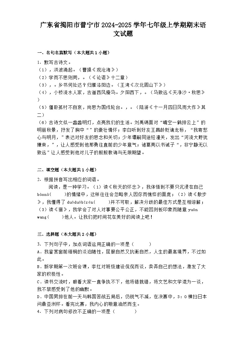 广东省揭阳市普宁市2024-2025学年七年级上学期期末语文试题第1页