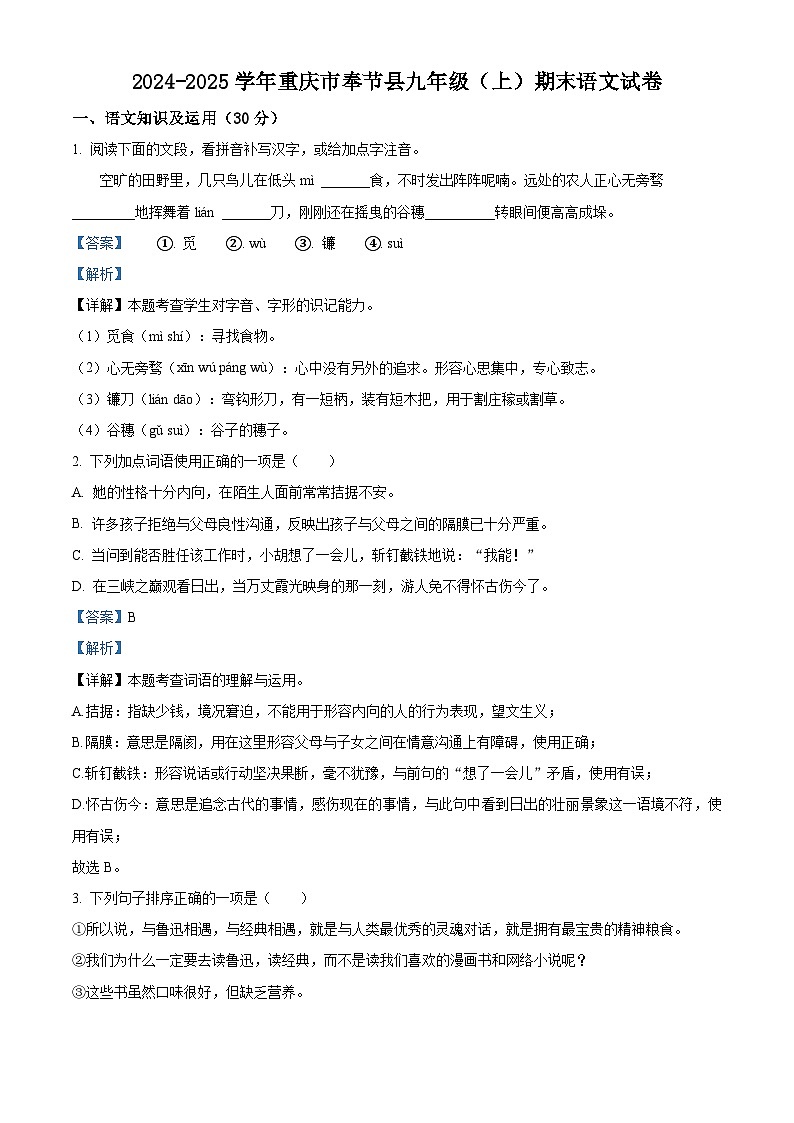 重庆市奉节县2024-2025学年九年级上学期期末语文试题（解析版）第1页