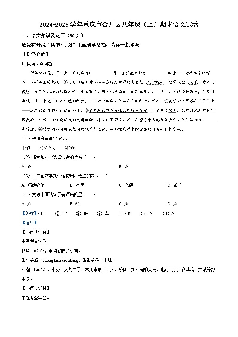 重庆市合川区2024-2025学年八年级上学期期末语文试题（解析版）第1页